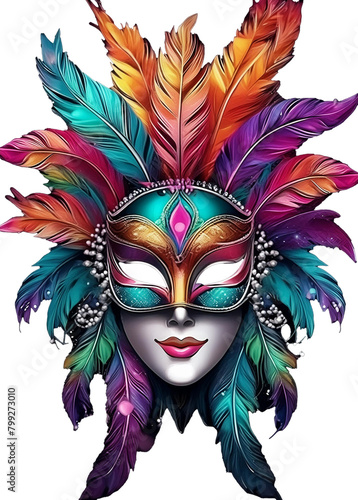 colorful carnival mask with feathers isolated on white background