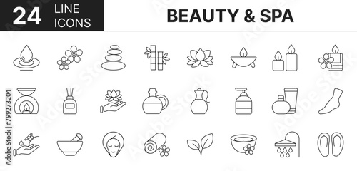 Collection of 24 Beauty   Spa line icons featuring editable strokes. These outline icons depict various modes of Beauty   Spa  beauty  bottle  care  clinic  cream  face 