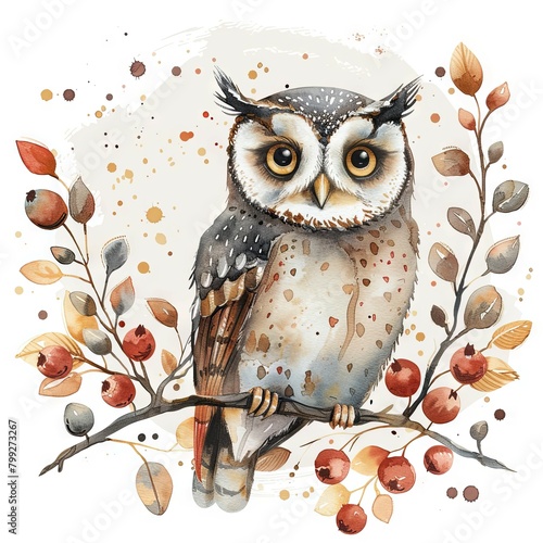 Whimsical Watercolor Owl Perched on Branches A Charming of Natures Wise Charmer photo