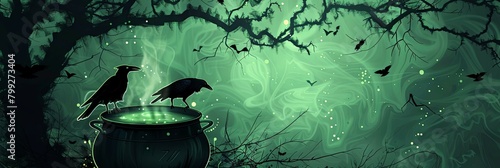 Witch s Cauldron Bubbling with Noxious Potion Gnarled Tree Branches and Ravens Overhead in Spooky Halloween