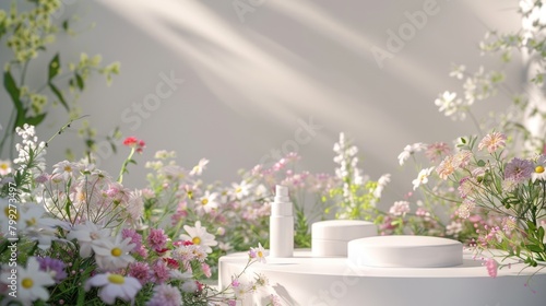 A white table with a bottle and two containers of makeup. The table is surrounded by a field of flowers, creating a serene and natural atmosphere. The makeup products are arranged neatly © Nico