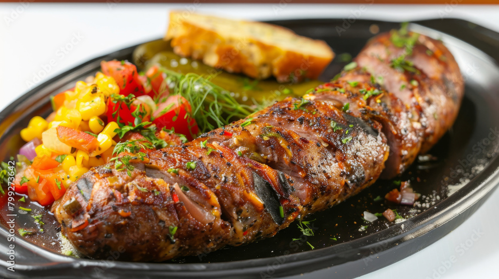 Grilled georgian sausage with a vibrant side salad and hearty bread, showcasing the richness of georgia's culinary heritage
