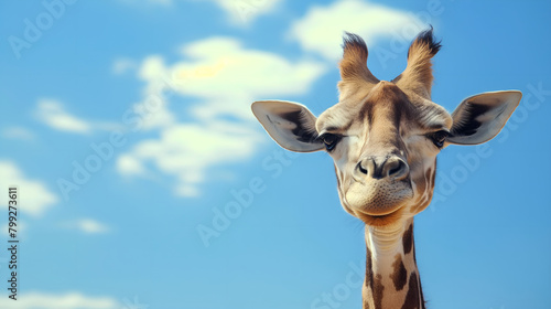 Animated cartoon character with giraffe wearing sunglasses on sky background , animals  illustration, good for cards and prints.