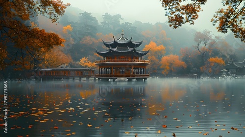 A serene lake in autumn, an ancient pavilion visible at its edge