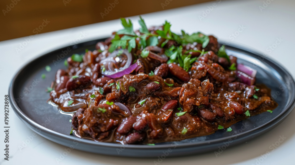 Georgian lobio served on a black plate with fresh parsley and red onion, a delightful choice for food photography Georgian lobio served on a black plate with fresh parsley and red onion, a delightful choice for food photography