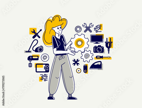 Woman technician engineer repairing household appliances, repairman service vector outline illustration, engineer fixing and upgrading different technics.