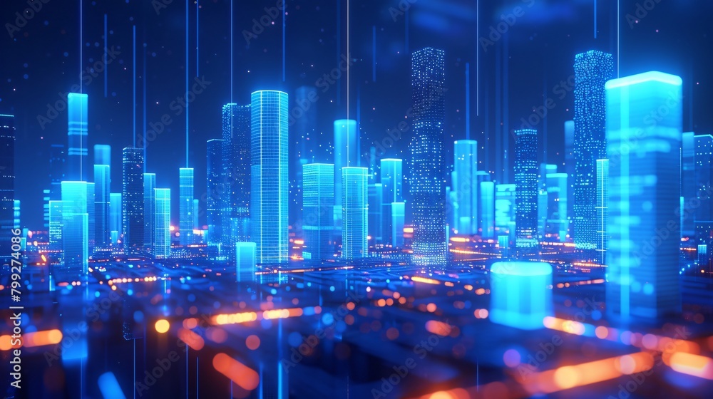 Digital landscape with blue glowing grids and floating geometric shapes