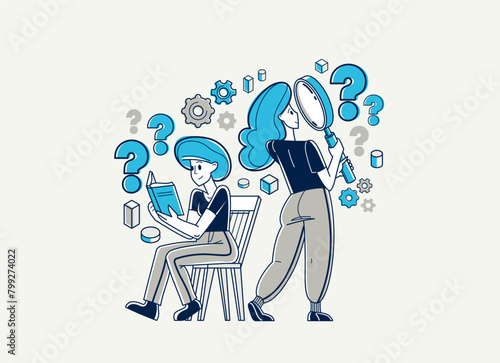 Young people reading books searching for information, learn science, self-education, fiction literature, inquire and analysis, vector outline illustration.