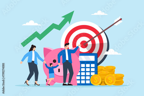 Family with piggy bank, coin money, calculator, and financial target, illustrating investment planning. Concept of saving, wealth management, budgeting, dealing with debt and mortgages, pension fund