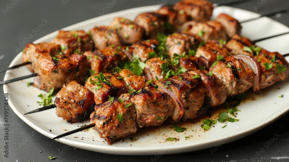 Perfectly grilled georgian shashlik skewers garnished with fresh parsley and onions served on a white platter, ready to enjoy