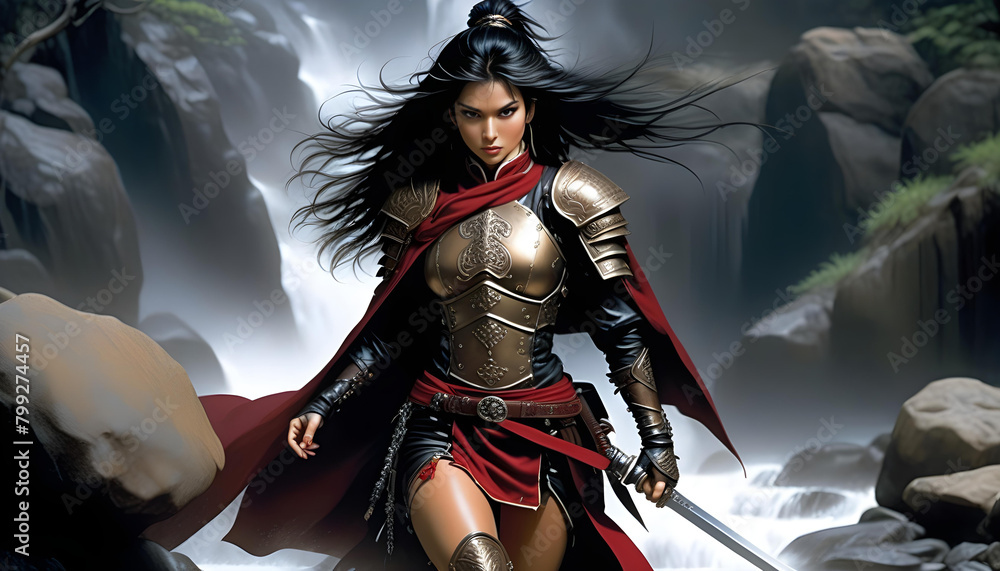 A digital art of a Latina warrior woman in a red leather outfit holding a sword, with waterfalls in the background. A digital art of a Latina warrior woman in a red leather outfit holding a sword, with waterfalls in the background.