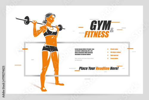 Push the barbell gym and fitness vector advertising flyer, young attractive woman doing workout exercises with a barbell, perfect muscular athletic body young adult girl sport training banner.