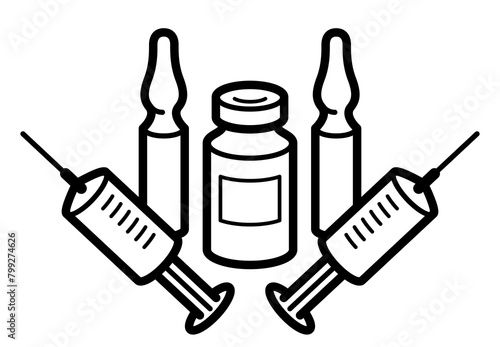 Vaccination theme vector illustration of a syringe with ampules and vial isolated over white, epidemic or pandemic coronavirus covid 19 or flu or SARS or any other vaccine, pharmacology concept.