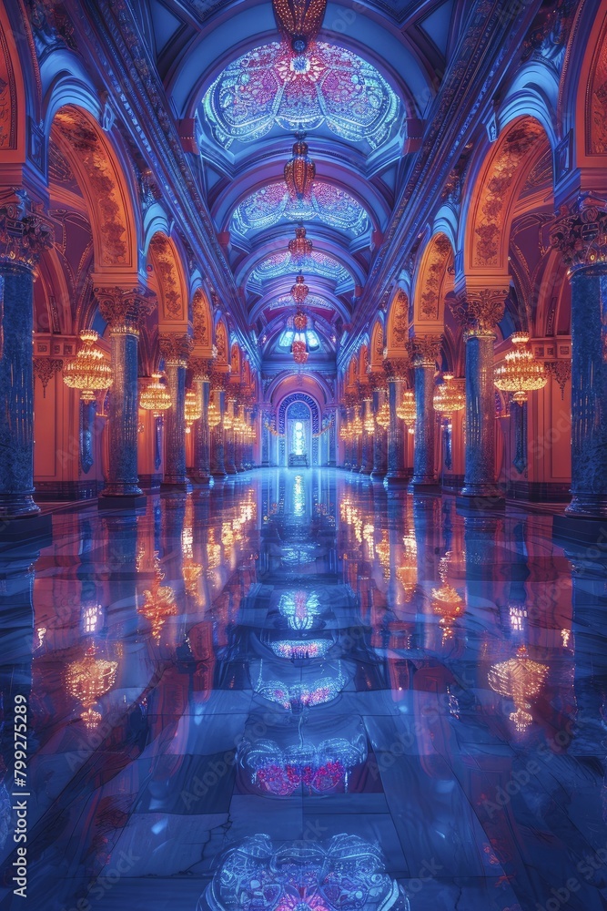 Step into a mesmerizing realm where the Grand Palace ballroom dazzles in opulent 3D hologram glory, bathed in the glow of blue neon chandeliers.