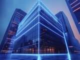 Futuristic building facade with dynamic angles in 3D Hologram style, enhanced by pulsing blue neon.