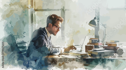 Unternehmer Business Man Arbeiten Office Laptop Recherche Kaufmann Anwalt Seriös Büro Behörde Watercolor Vektor