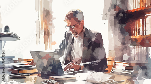 Unternehmer Business Man Office Laptop Recherche Bücher Anwalt Seriös Büro Behörde Arbeiten Watercolor Vektor