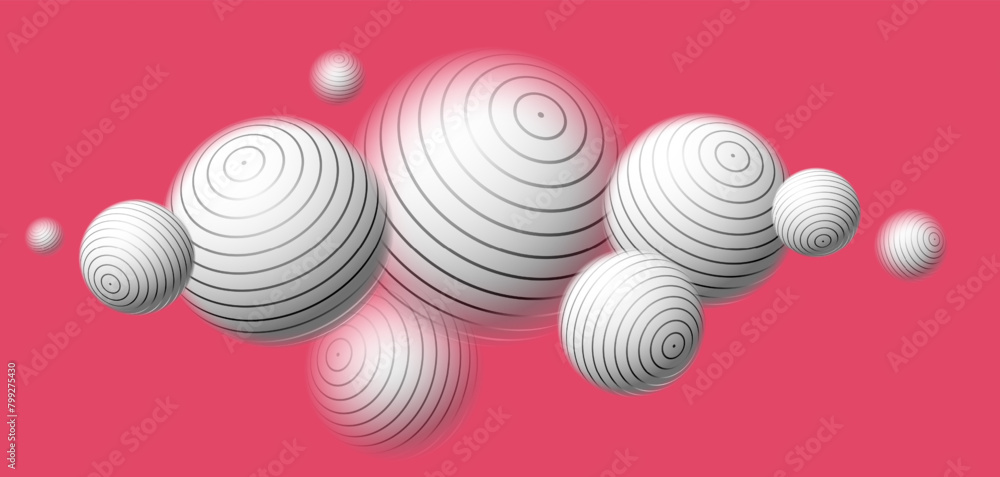 Blurred spheres over red vector abstract background, defocused balls levitating wallpaper.