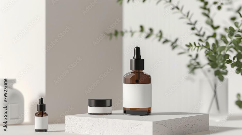 Mockup of empty glass cosmetic bottles with sticker standing on a podium on a light background Mockup of empty glass cosmetic bottles with sticker standing on a podium on a light background