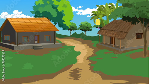 Village rural landscape for cartoon, road landscape, Indian poor mud house, Farmer house, Village landscape, tin shade home, straw hut, Indian village house, mud house, Indian hut