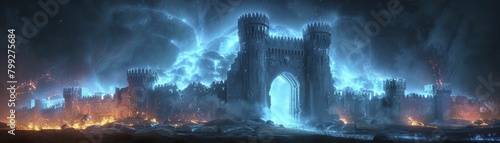 Step into the past with a mesmerizing 3D hologram of a medieval castle gate, illuminated by captivating blue neon lights showcasing its ancient might.