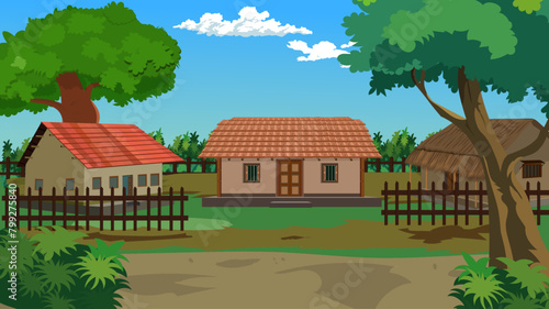 Village rural landscape, road landscape, Indian poor mud house, Farmer house, Village landscape, straw hut, Indian village house