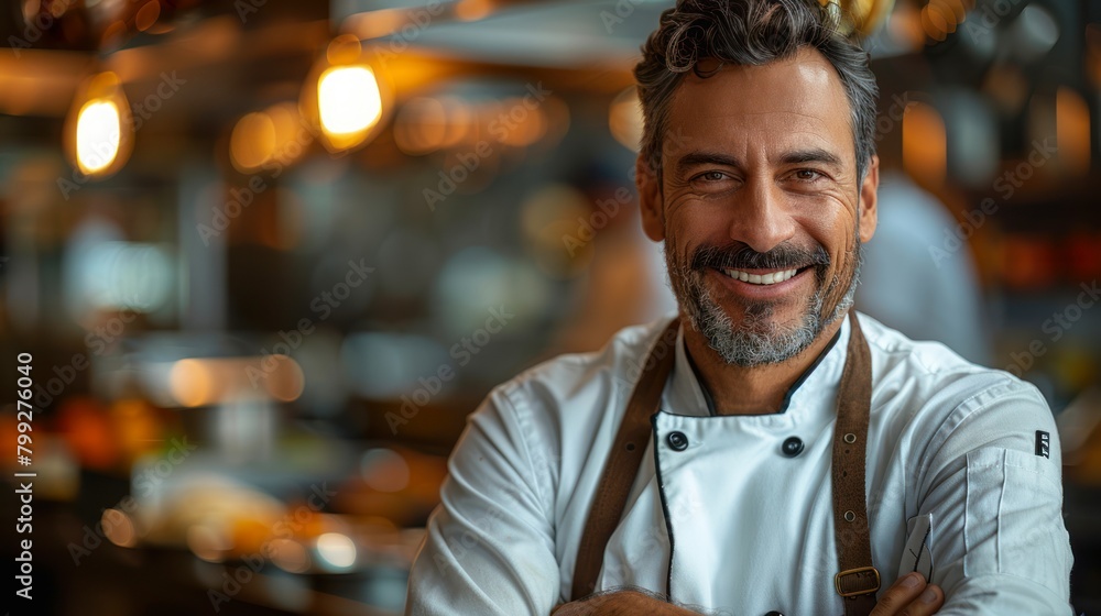 Photo portrait of a smiley chef with kitchen in background Photo portrait of a smiley chef with kitchen in background