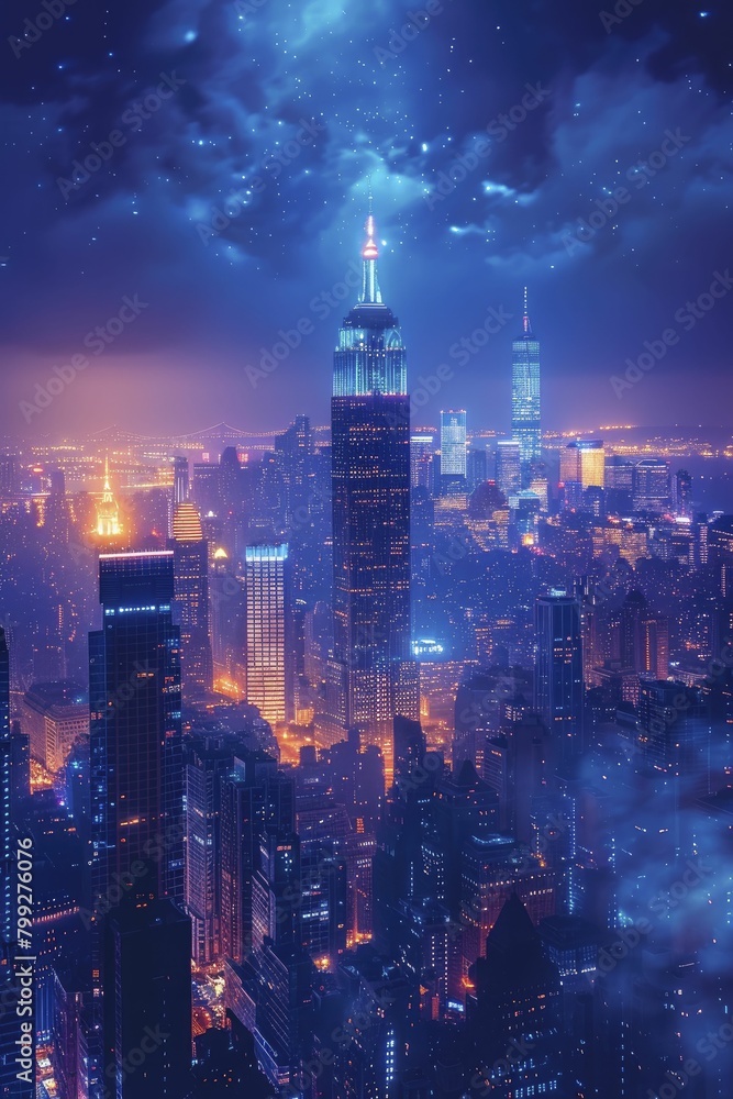 The luminous blue neon lights bring to life a futuristic cityscape, portrayed in a captivating 3D hologram of a skyscraper skyline at night. The luminous blue neon lights bring to life a futuristic cityscape, portrayed in a captivating 3D hologram of a skyscraper skyline at night.