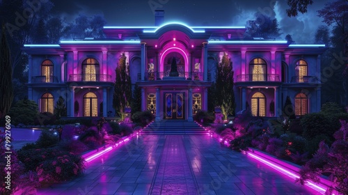 Palatial estate in 3D Hologram style  driveway lined with blue neon lights leading to grand entrance.