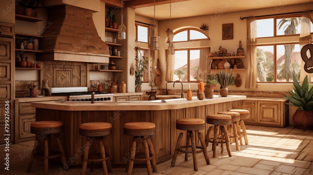 Kitchen with beautiful lighting and a southwest interior style.