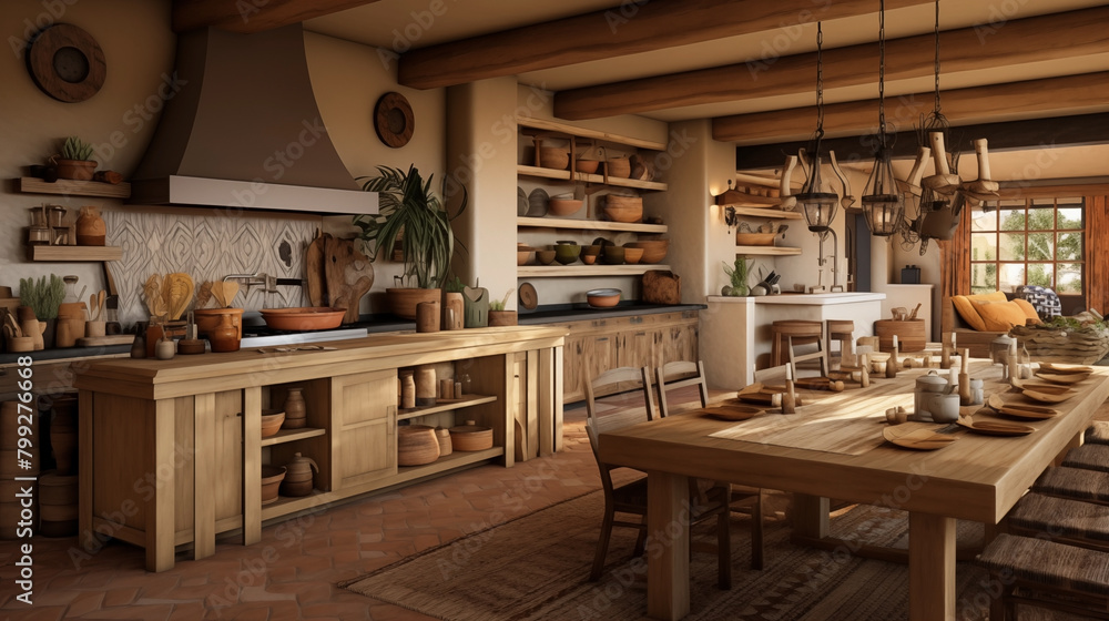 Kitchen with beautiful lighting and a southwest interior style.