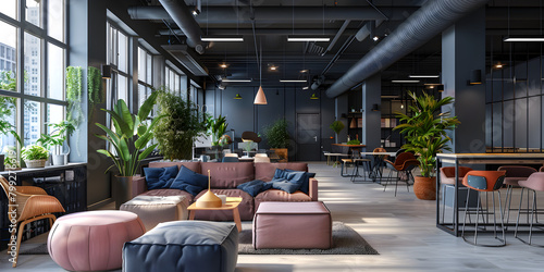 A photo of a hip coworking space with exposed ductwork pendant globe lighting
 photo