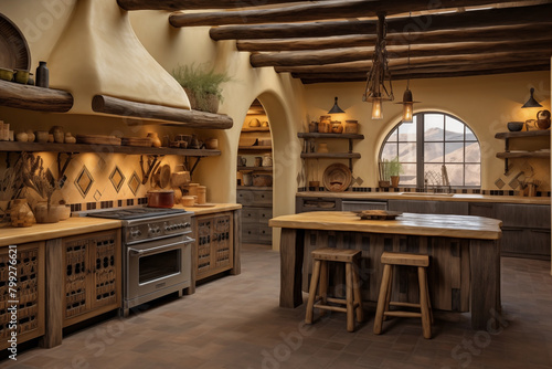 Kitchen with beautiful lighting and a southwest interior style.