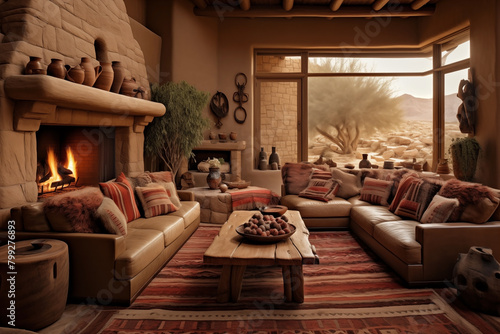 Living room with beautiful lighting and a southwest interior style.