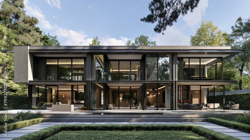 Obraz premium Computer-rendered image of a sleek, modern style villa with minimalist design, showcasing expansive glass windows and a sophisticated facade