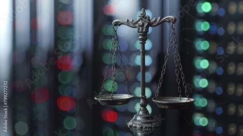 Detailed view of justice scales in front of a data center, illustrating the intersection of digital law and judicial fairness, in close-up