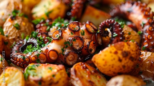 Detailed view of succulent octopus served atop perfectly cooked potatoes, enhanced with a sprinkle of vibrant parsley, in a close-up shot