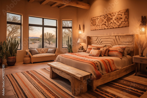 Bedroom with beautiful lighting and a southwest interior style.