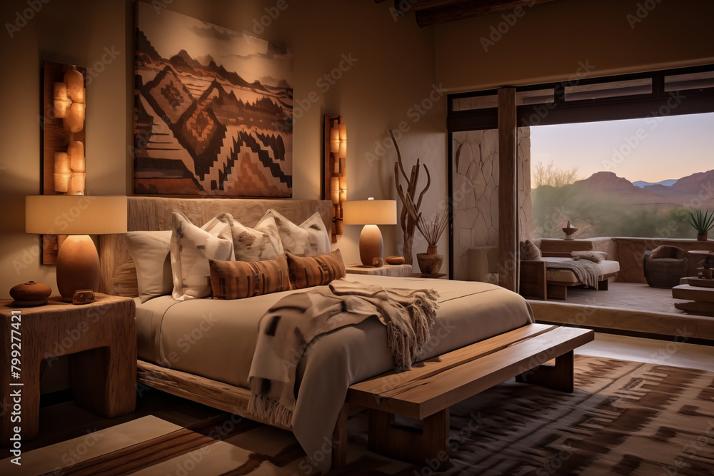 Bedroom with beautiful lighting and a southwest interior style. Bedroom with beautiful lighting and a southwest interior style.