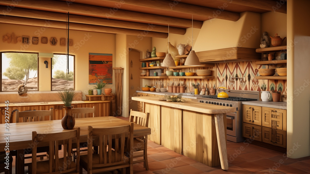 Kitchen with beautiful lighting and a southwest interior style.