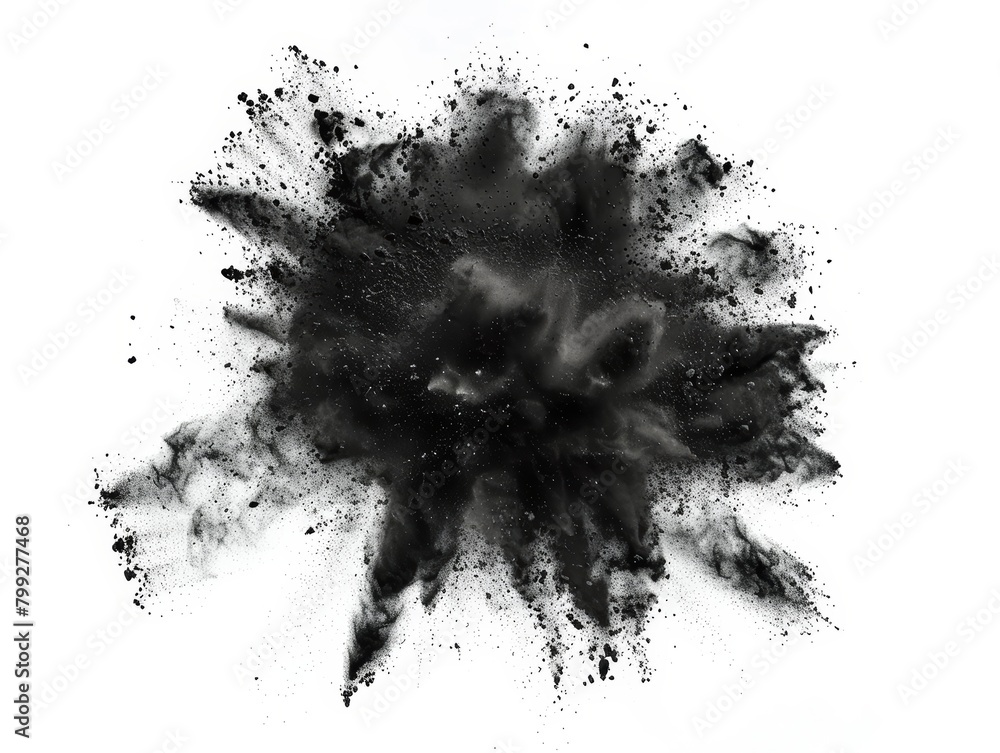 Dramatic depiction of black dust exploding, forming an intense abstract pattern isolated on a white background Dramatic depiction of black dust exploding, forming an intense abstract pattern isolated on a white background