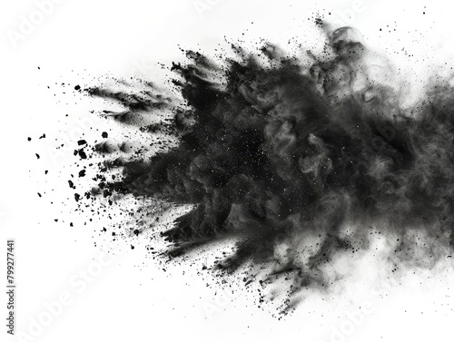 Dramatic depiction of black dust exploding, forming an intense abstract pattern isolated on a white background