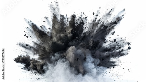 Dynamic image of black powder exploding, creating an abstract dust explosion against a stark white background photo
