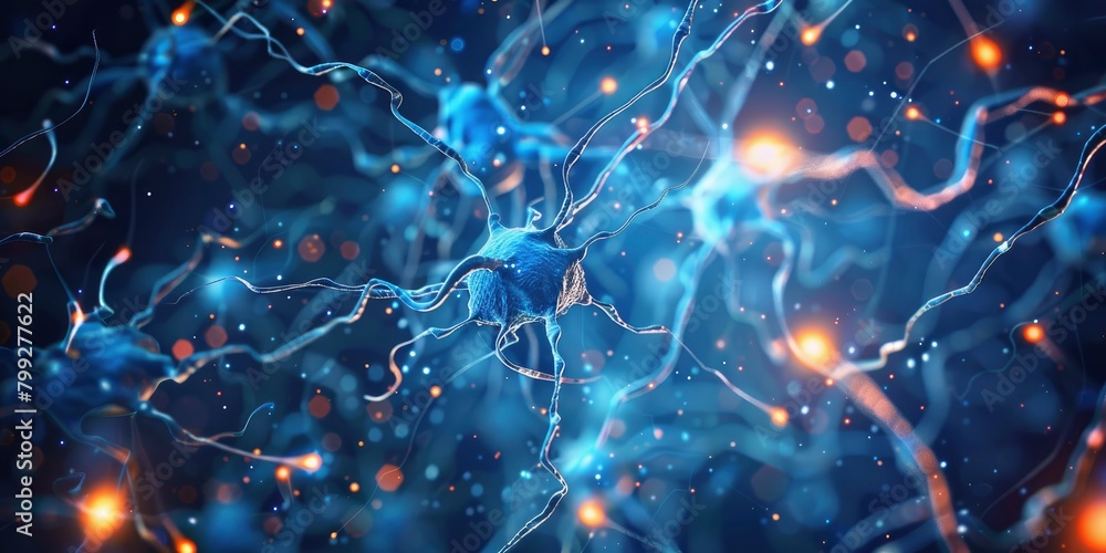 A closeup view of neurons in the brain, with glowing connections between them