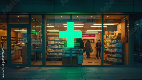 A Pharmacy Front at Nighttime