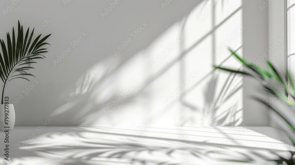 Abstract white studio background for product presentation with green tropical trees and tropical sun Shadow on the wall Abstract white studio background for product presentation with green tropical trees and tropical sun Shadow on the wall