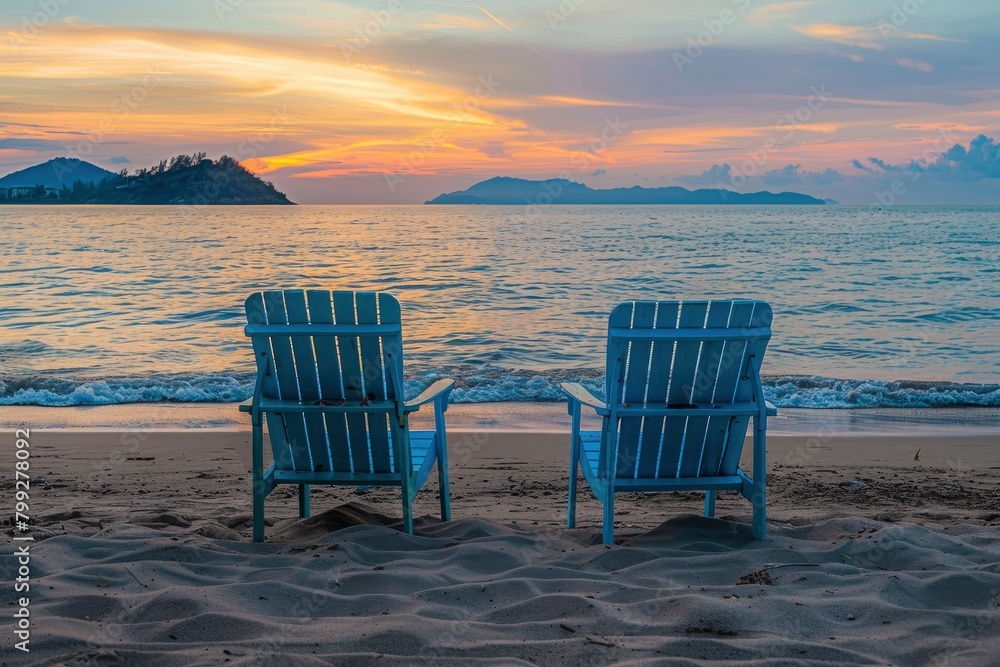 Two blue chairs on the beach, sunset, sea and mountain background,