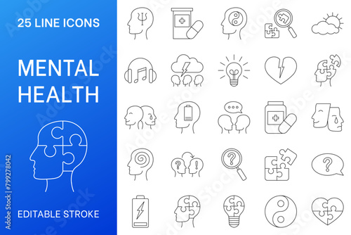 Vector icons related to mental health, psychology, depression. Set of 25 line icons. Editable stroke. Stress, trauma and recovery
