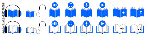 Audiobook icons. Set of blue books, headphones and signs. Play, sound, music, note, microphone icons. Audio guide.