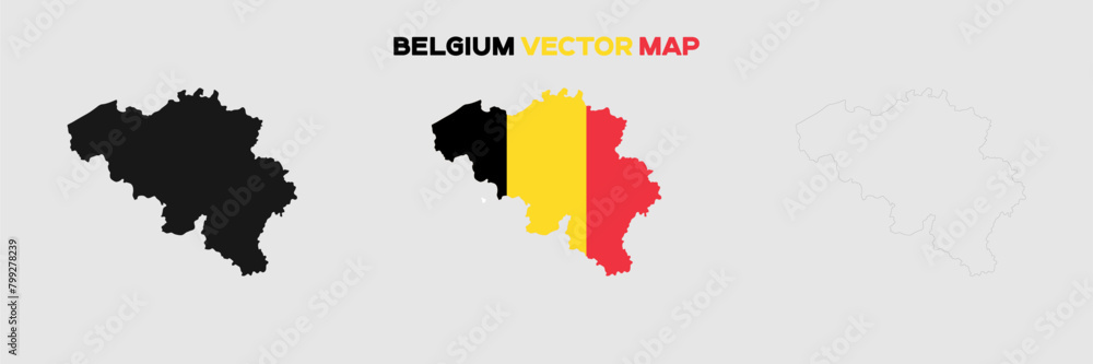 Belgium Map Vector Pack. Map with Flag. Gray Map Silhouette. Gray Outline Map. Editable EPS file. 